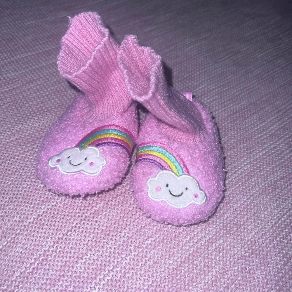 Pink Baby Booties with Rainbow and Cloud Design